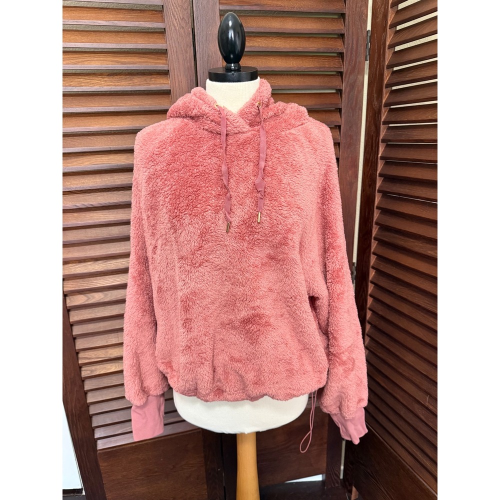 Old Navy Women's L Tall Coral Fuzzy Plush Fleece Hoodie Cropped Drawstring